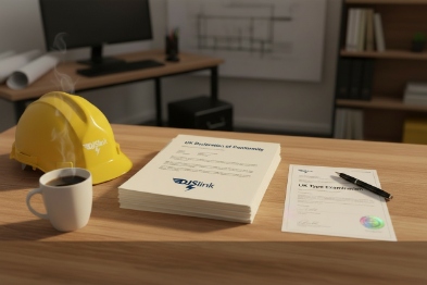 Office desk with yellow safety helmet and UKCA compliance documents for DJSlink equipment