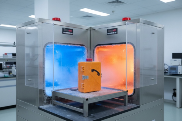 Orange weatherproof phone in thermal chamber for hot-cold environmental testing
