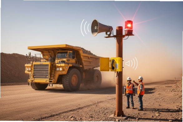 Mine warning pole with SIP phone, horn speaker, beacon near haul truck