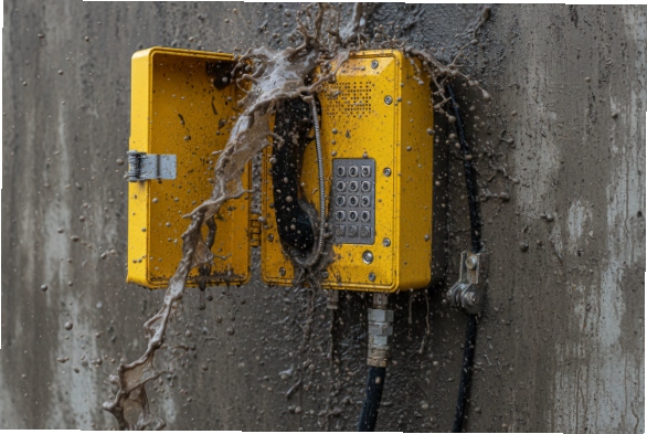 Yellow weatherproof SIP phone with open door hit by mud splash, sealed industrial keypad housing