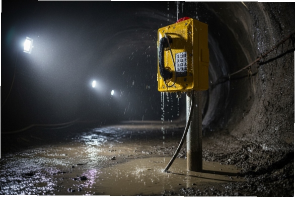 Waterproof SIP emergency phone in wet tunnel with dripping water and muddy floor