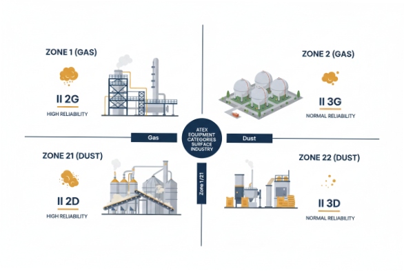 ATEX zone classification chart for gas and dust areas with equipment categories