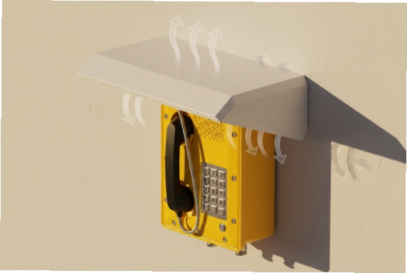 Yellow outdoor SIP emergency phone under sunshade canopy with airflow arrows for cooling