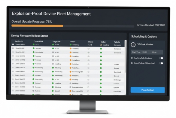 Explosion-proof device fleet management screen showing firmware rollout progress and scheduling options