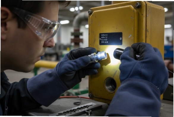Engineer checks threaded cable entry on yellow explosion-proof intercom with flashlight
