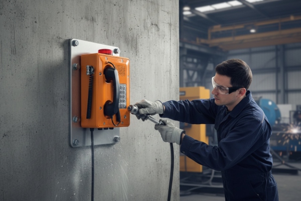 Technician performing high-pressure washdown on orange weatherproof SIP emergency phone