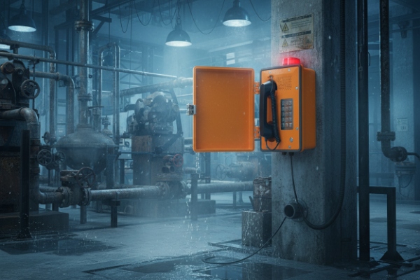 Orange SIP emergency telephone with open door installed inside wet industrial plant area