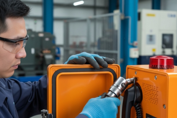 Engineer using torque tool to secure orange weatherproof SIP emergency phone enclosure
