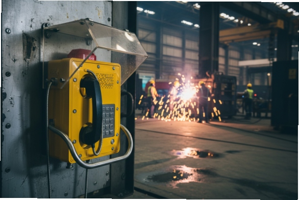 Industrial SIP emergency phone with rain hood mounted in workshop, welding sparks behind
