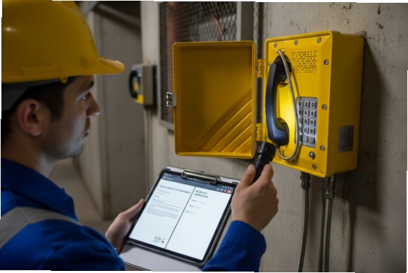 Technician audits explosion-proof SIP phone certificate using tablet during field inspection