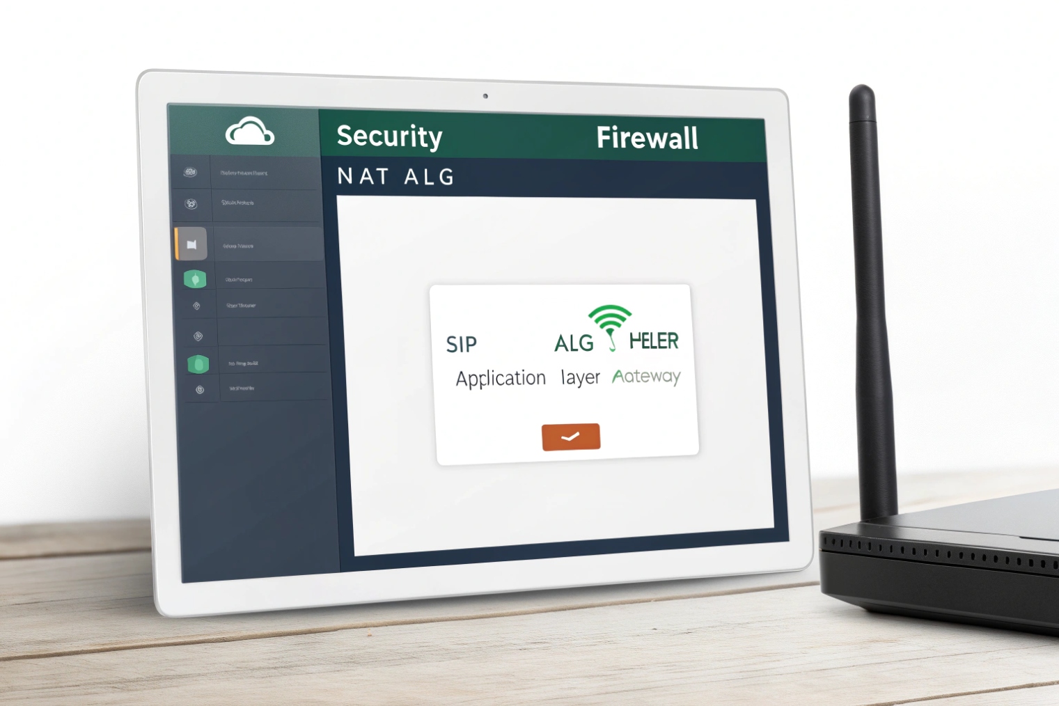 Tablet on a wooden desk next to a Wi-Fi router showing a firewall UI; the top bar reads “Security | Firewall – NAT ALG” and a central card is labeled “SIP ALG Helper – Application Layer Gateway,” representing where to enable or disable SIP ALG in firewall settings