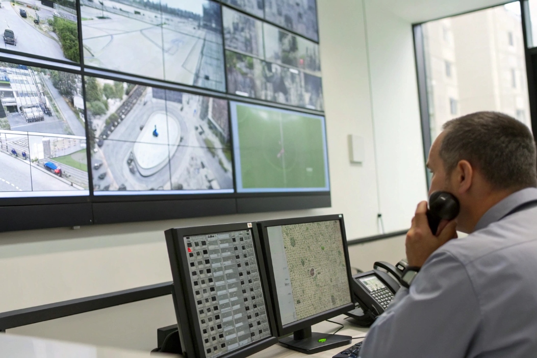 Security control room operator using IP phone while monitoring city CCTV video wall