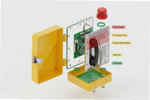 Exploded diagram of explosion-proof SIP phone showing PCB, keypad, gaskets, and protective coatings