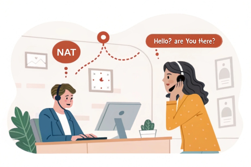 Cartoon of two people on headsets where one says “Hello? Are you there?” depicting one-way audio caused by NAT