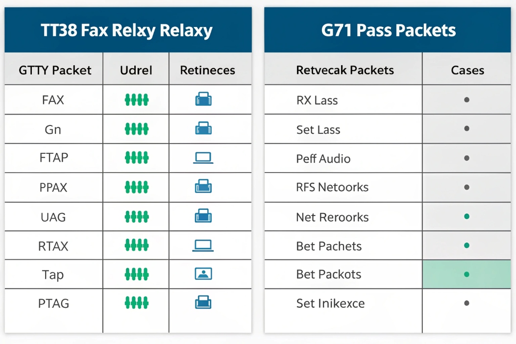 T.38 fax relay versus G.711 pass packets comparison table with reliability indicators