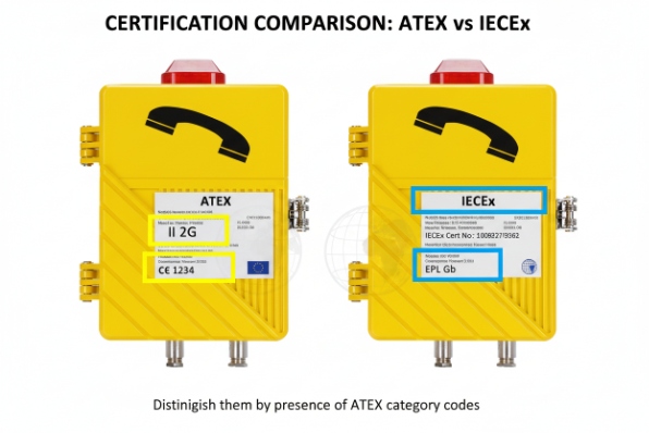 Side-by-side comparison of ATEX versus IECEx certification on yellow explosion-proof phones