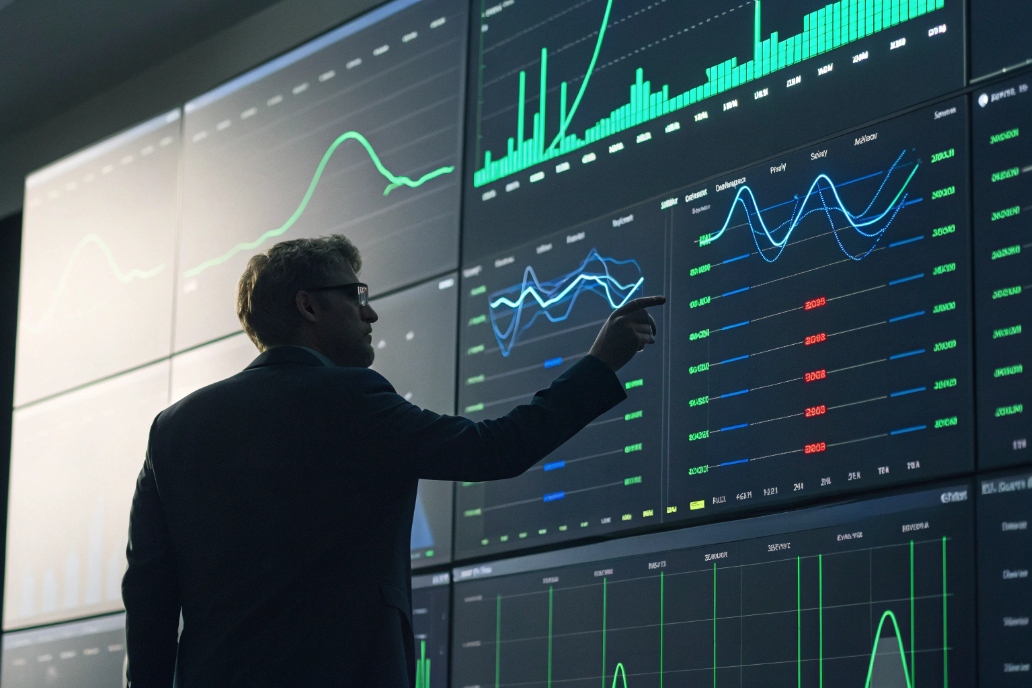 Engineer monitoring VoIP network performance dashboards on large LED wall display
