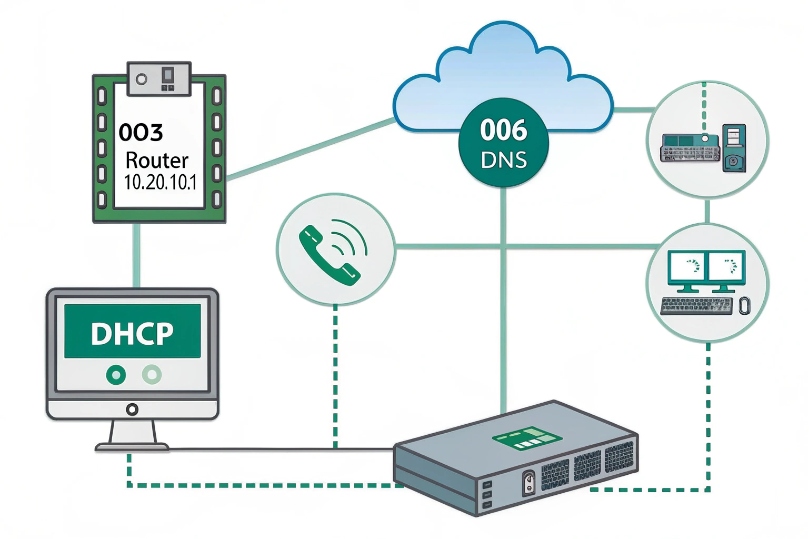DHCP and DNS network diagram for IP phones and VoIP devices
