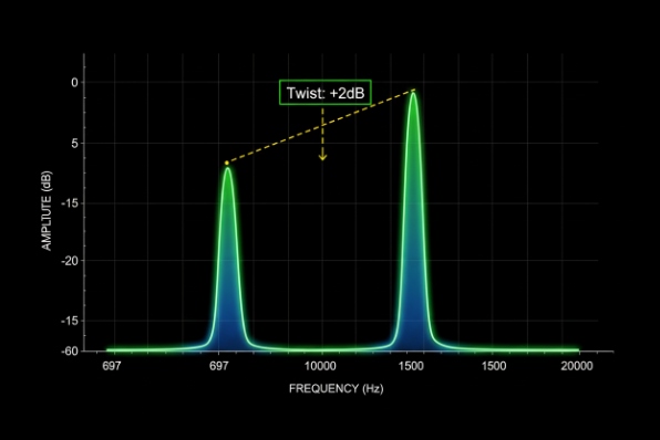 Audio frequency spectrum plot showing twist plus 2dB level difference at peaks