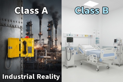 Class A vs Class B EMC comparison showing industrial plant and hospital environment