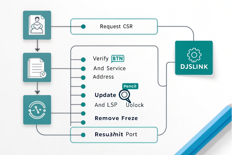 Process flow chart starting with a customer request for CSR, then verifying BTN and service address, updating records, removing freezes, and resubmitting the port through DJSlink