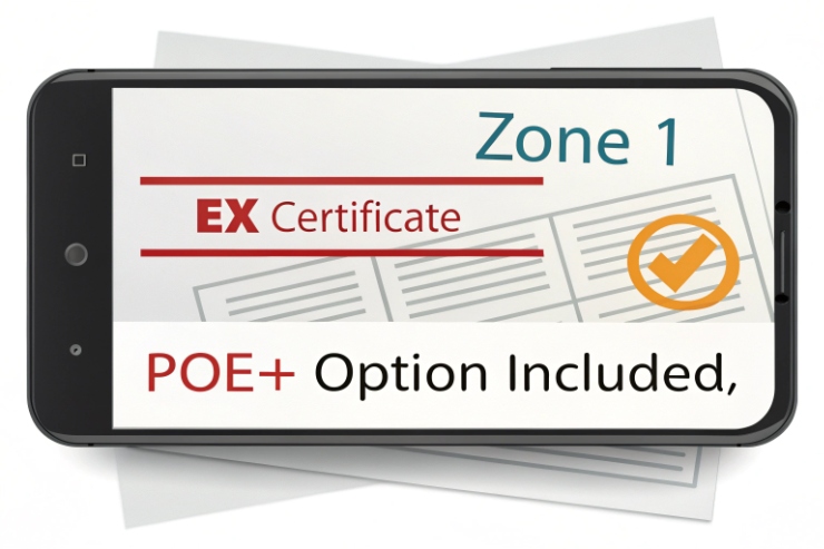 Zone 1 Ex certificate graphic highlighting PoE+ option included on industrial phone