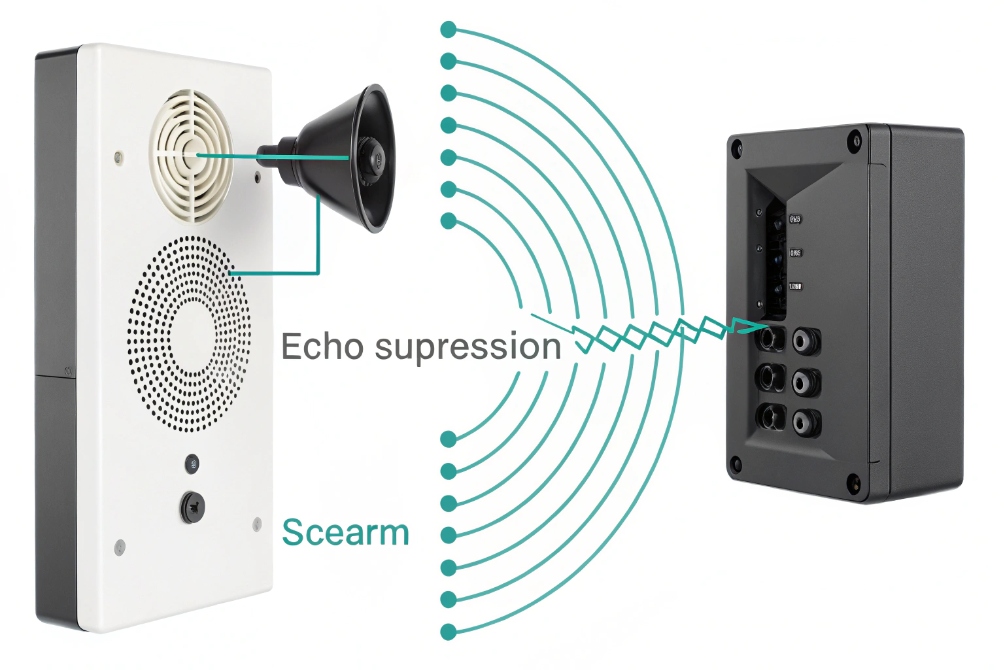 White IP intercom station with speaker and microphone connected to a black interface box, overlaid with waves and labels for Echo Suppression and Scream.