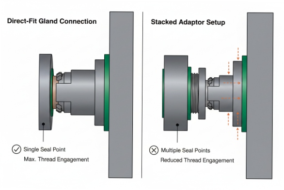 Cross-section diagram showing direct-fit gland versus stacked adapters and sealing points
