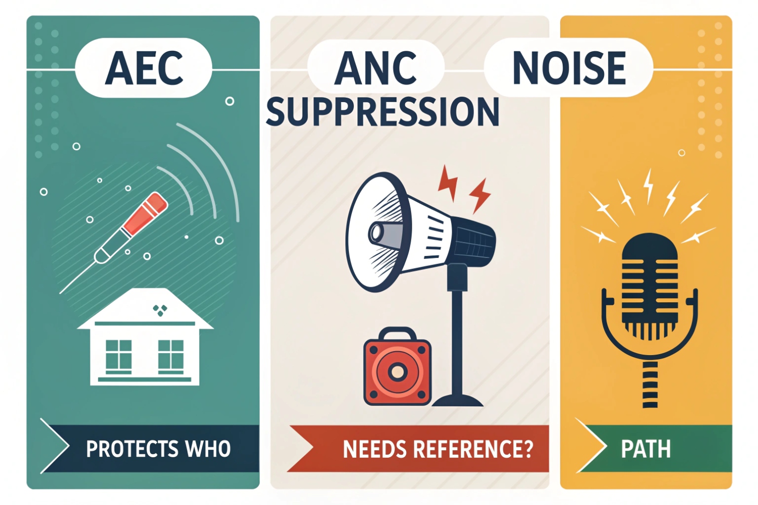 Comparison of AEC echo cancellation ANC suppression and noise path processing