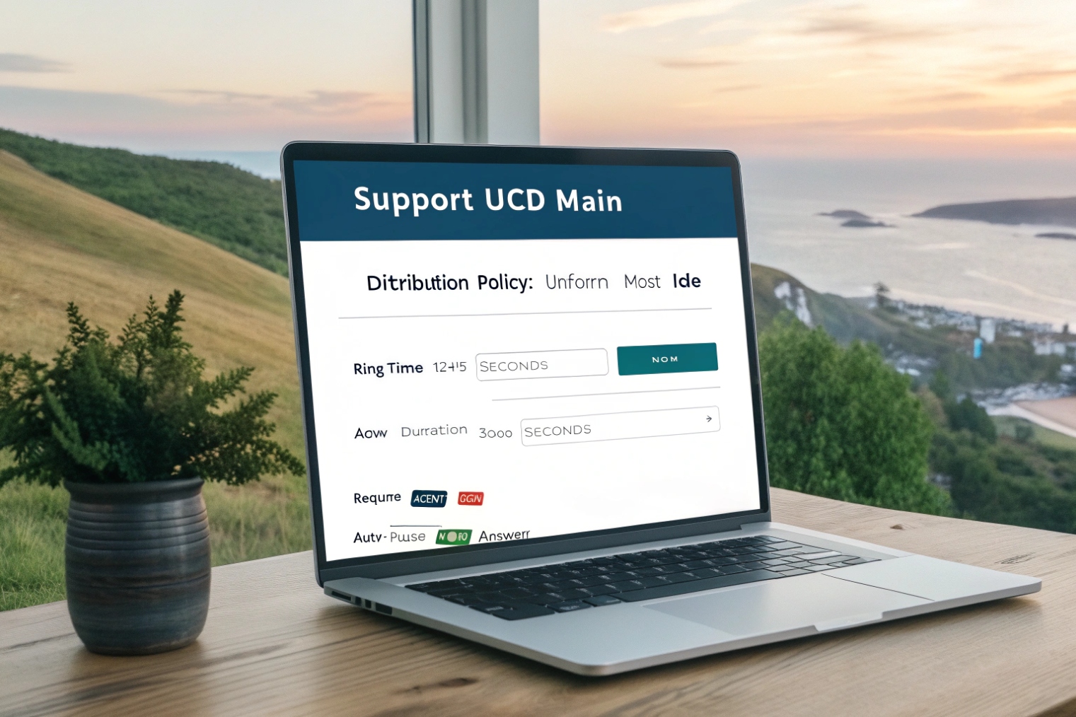Laptop screen labeled “Support UCD Main” showing configuration of a call group’s distribution policy, ring time, after-call work duration and agent requirements