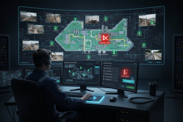Security operator monitoring site map with CCTV feeds, alarms, and dispatch controls