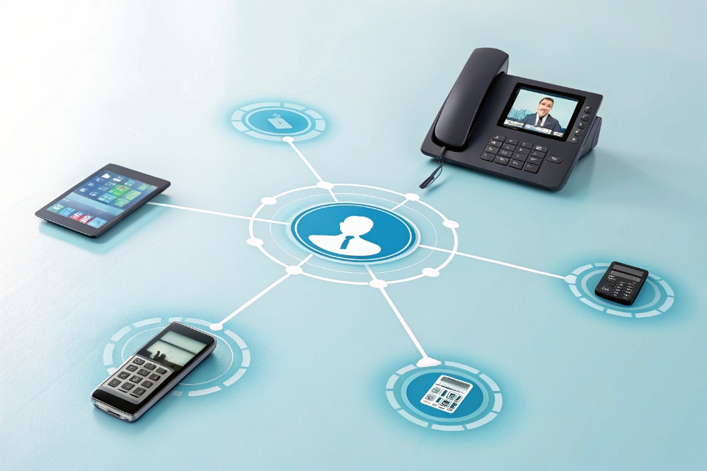 IP video phone connecting smartphones and devices in unified communication network graphic