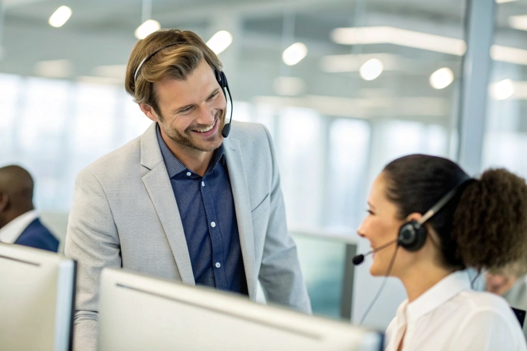 Call center colleagues smiling and talking while using headsets