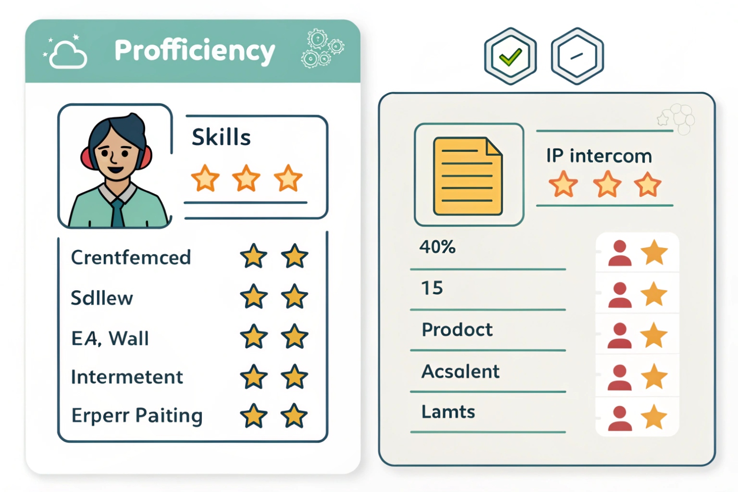 Call center agent proficiency card showing IP intercom product skills and ratings