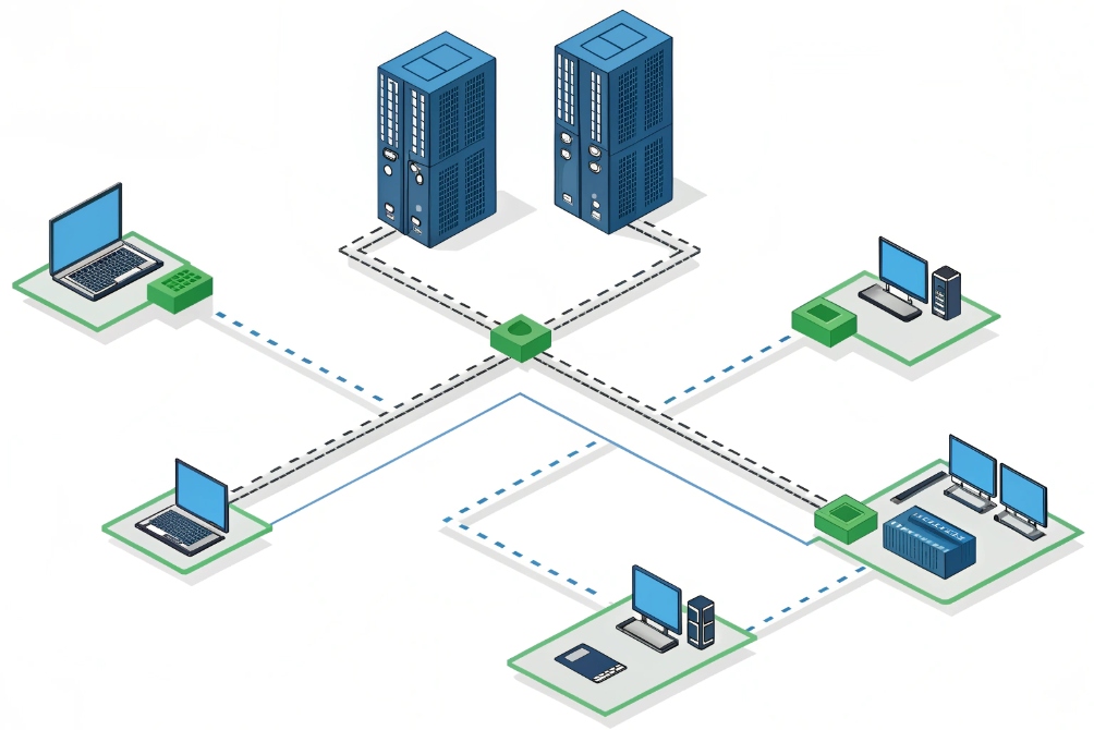 Data center network diagram connecting servers and VoIP endpoints