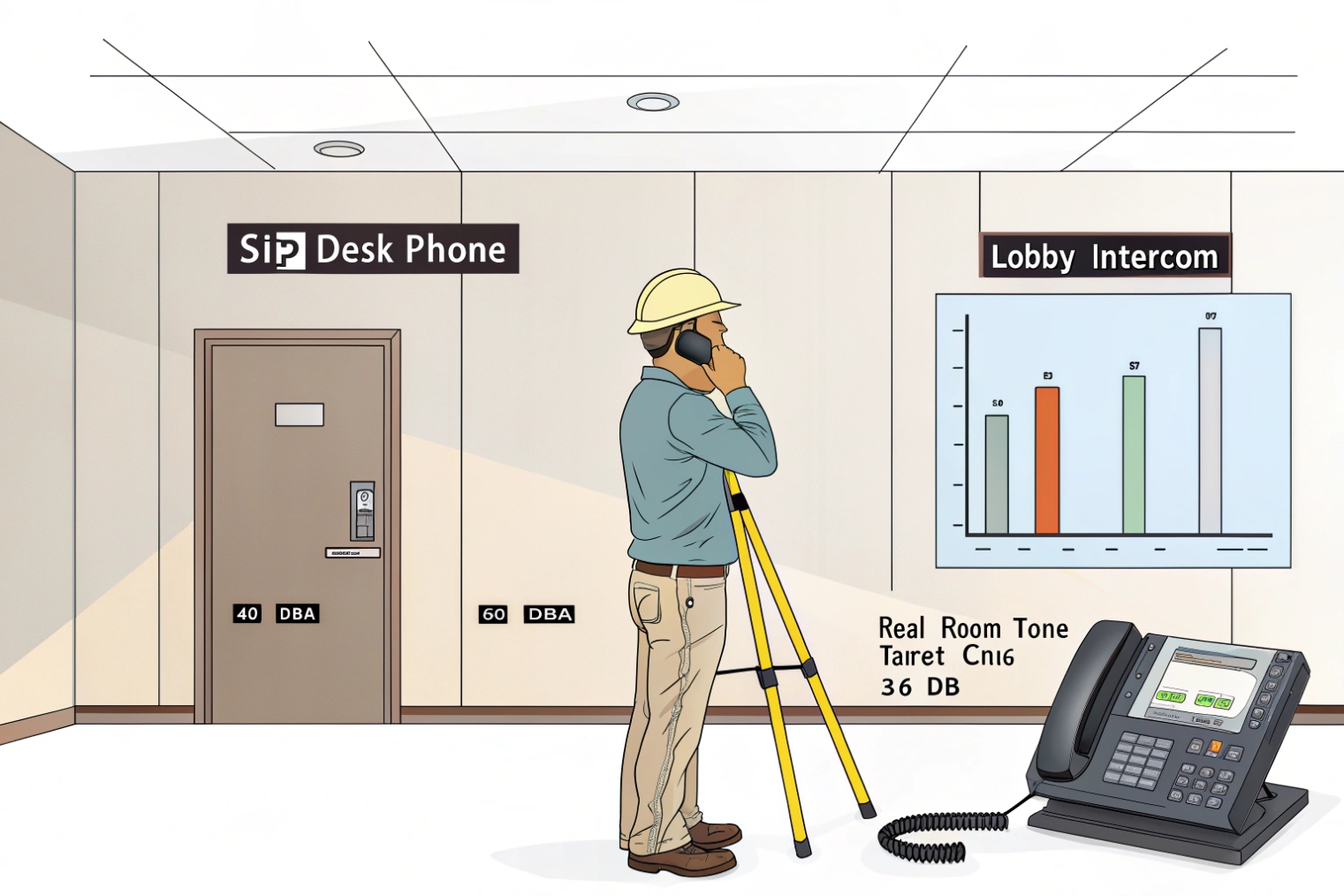 Engineer measuring lobby intercom room tone levels with SIP desk phone