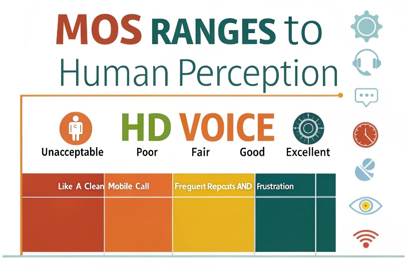 Table mapping MOS ranges to human perception from Unacceptable through Poor, Fair, Good, and Excellent HD Voice