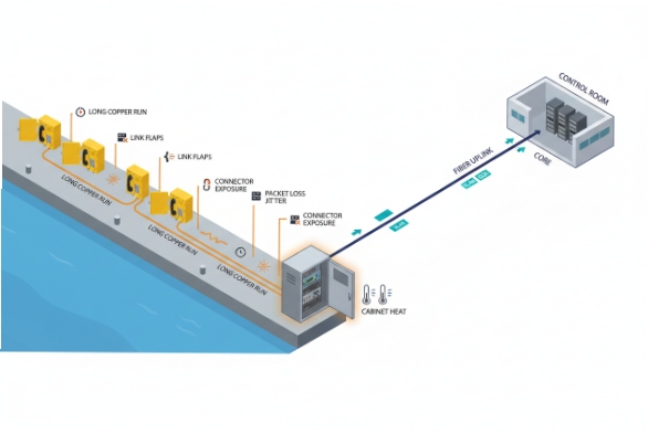 Network diagram showing long copper run causing jitter before fiber uplink to control room