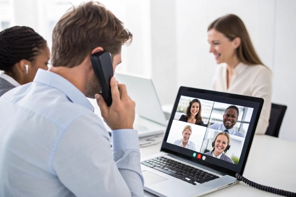 Team working with video conferencing and a phone call