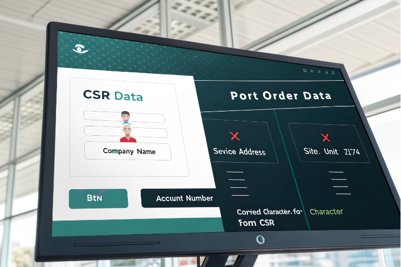 Monitor screen comparing CSR data to port order data, highlighting mismatches in fields like service address and site/unit to illustrate why a port request might fail