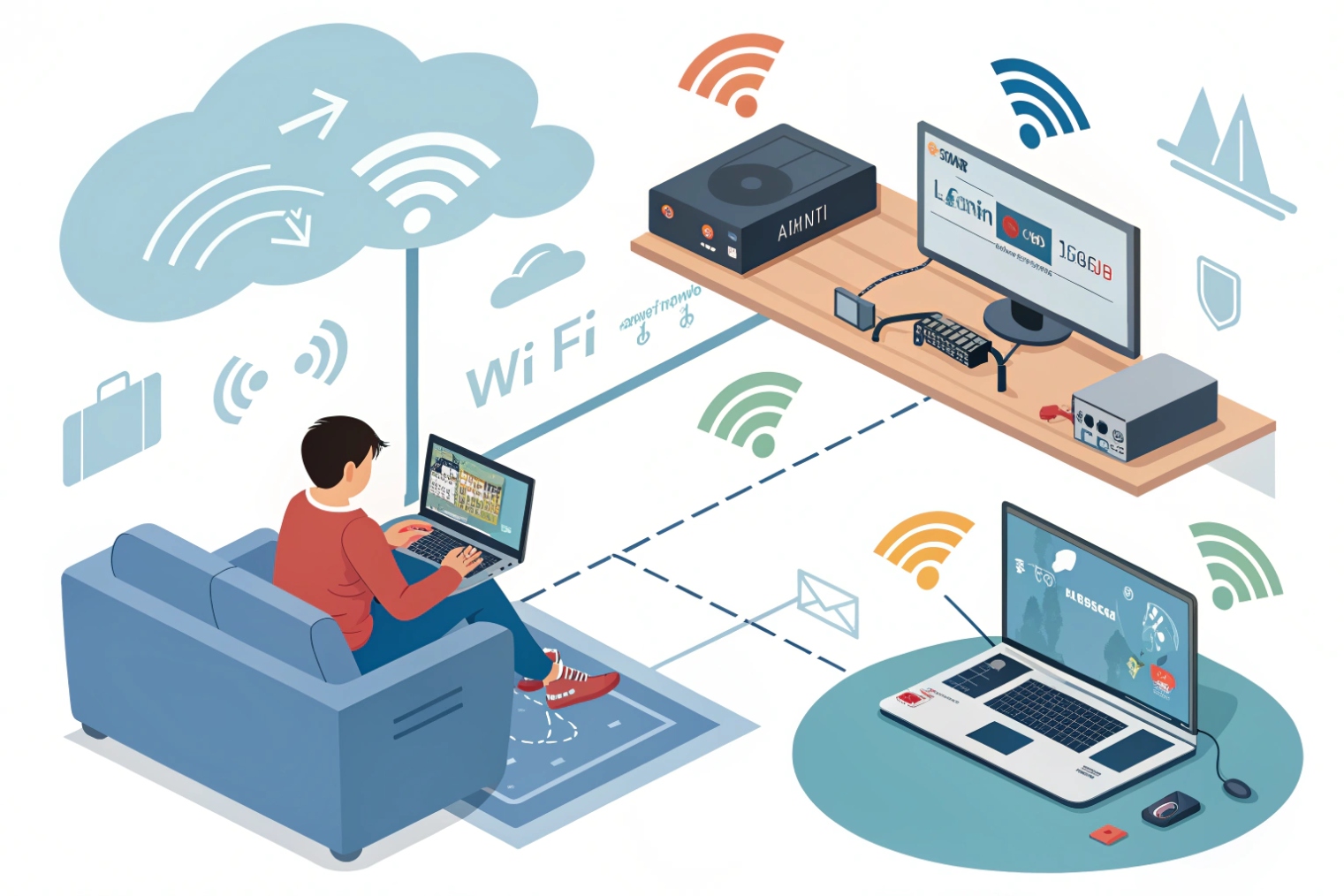 User on couch working on laptop connected by Wi-Fi to cloud services and remote lab equipment