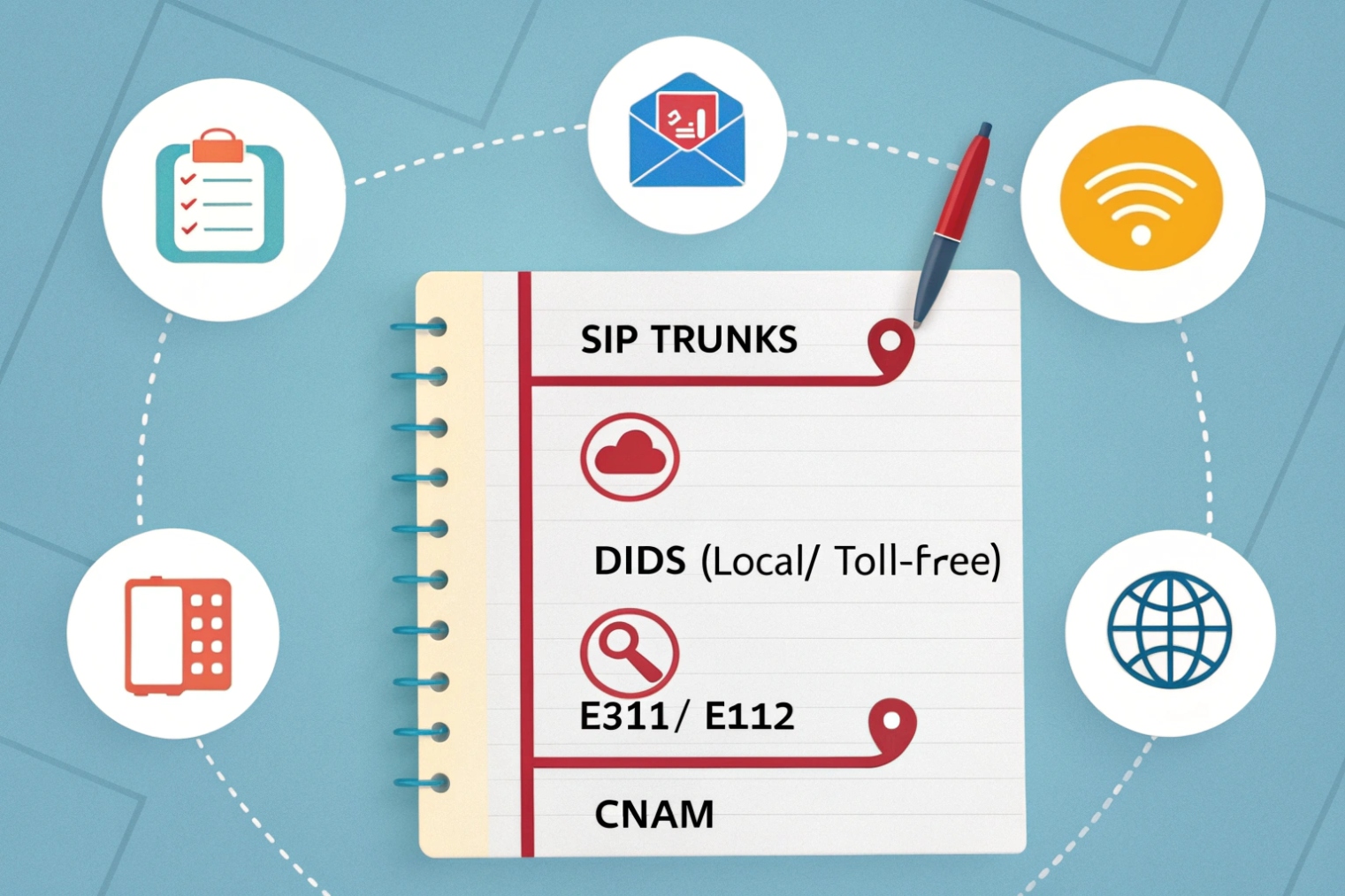 Notebook checklist of SIP trunks, local and toll free DIDs, E911, CNAM