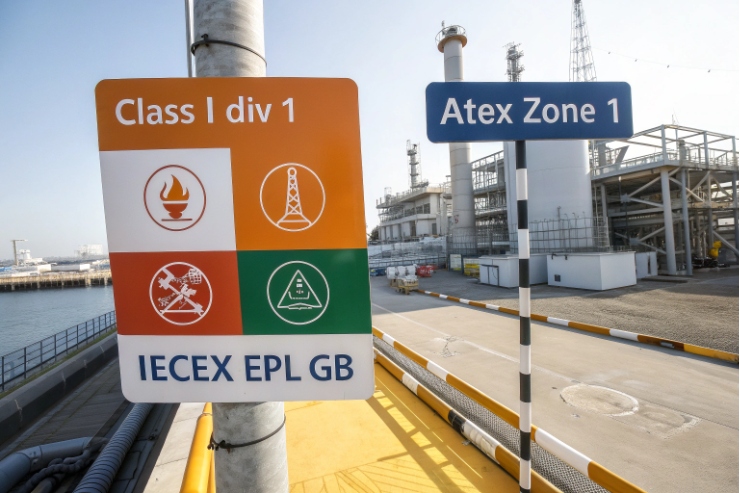 Class I Div 1 and ATEX Zone 1 signage with IECEx EPL Gb icons
