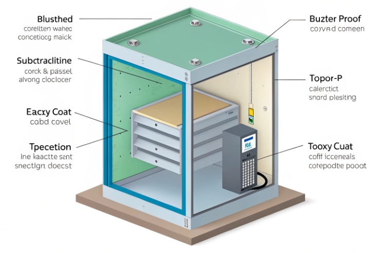 Protective acoustic shelter cutaway showing industrial emergency phone, insulation panels, and corrosion-proof structure.