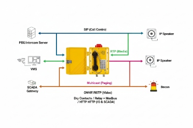 SIP emergency phone integrates with IP speakers, SCADA, WMS, beacon, and paging
