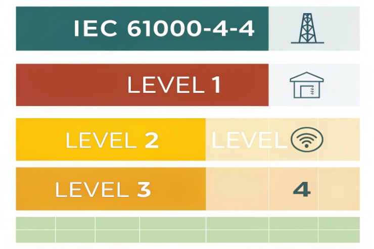 IEC 61000-4-4 compliance levels graphic showing Level 1 to Level 4 categories.