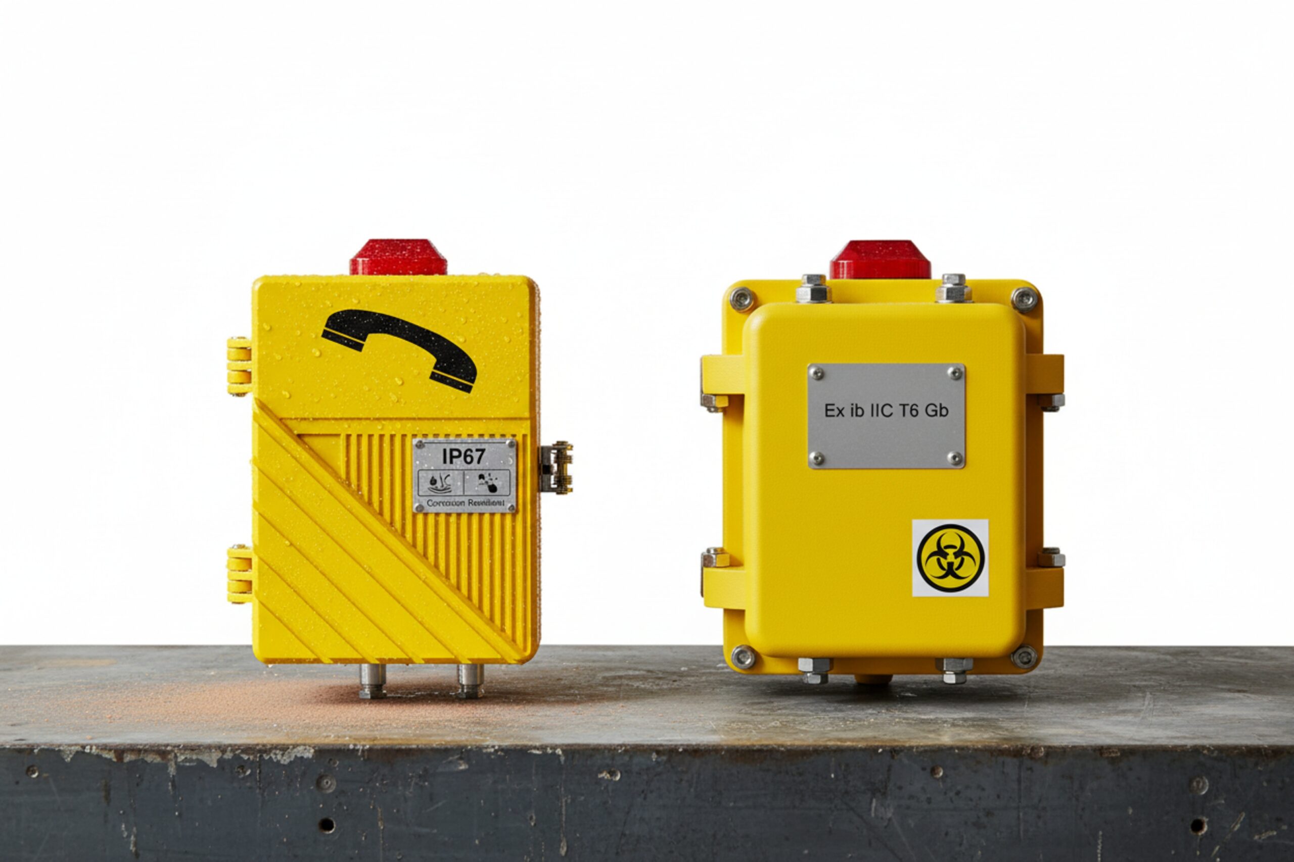 Explosion proof IP67 SIP phone enclosure and certified junction box side by side