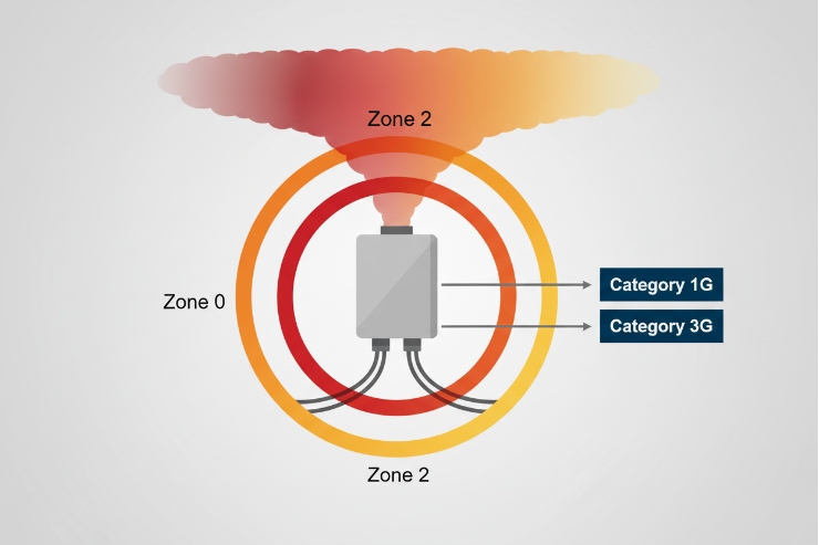 Hazardous area zoning diagram showing Zone 0 and Zone 2 with device categories