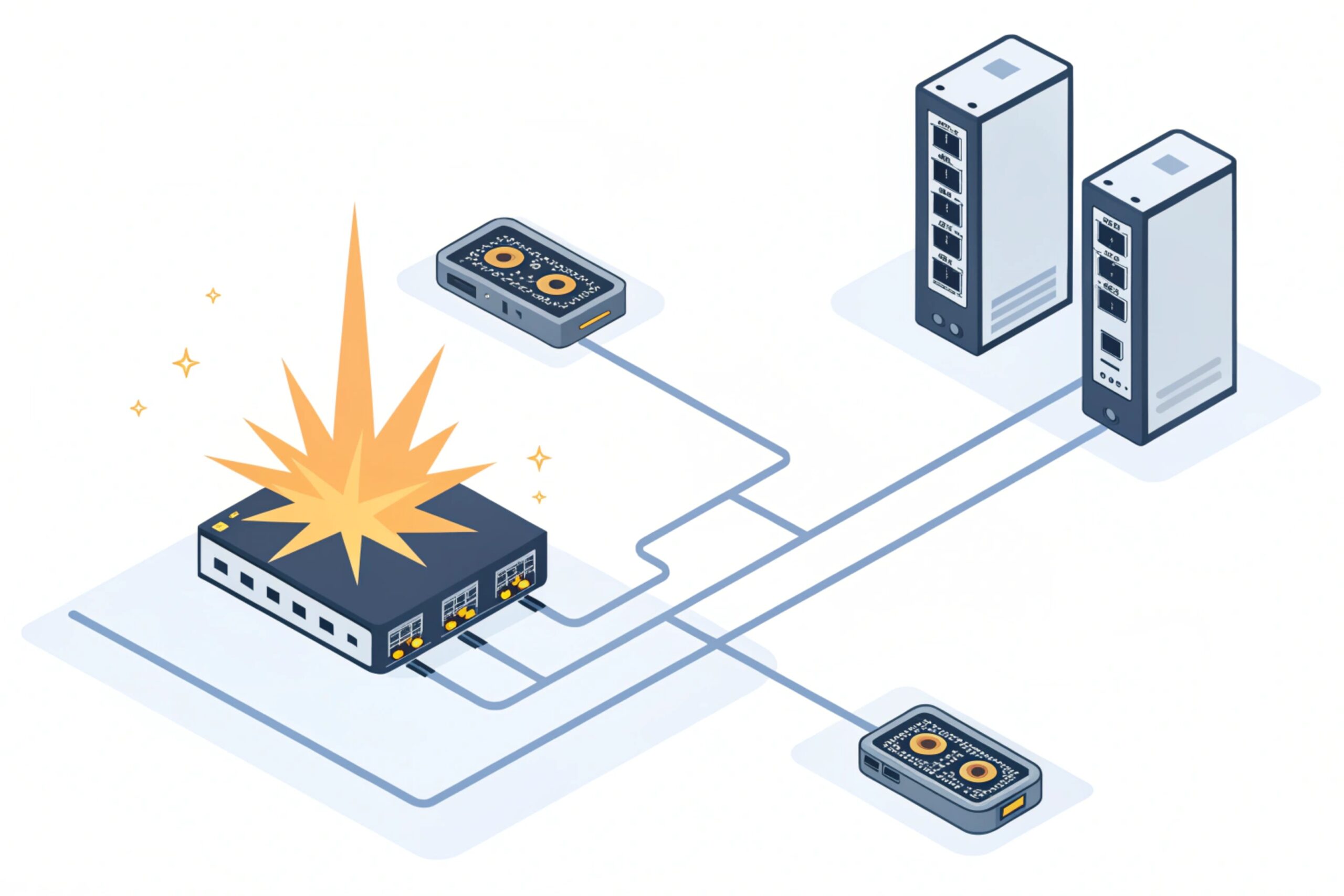 Network surge protection diagram showing switch failure and protected endpoints in topology