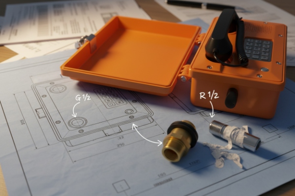 Open SIP emergency phone on engineering drawing showing G1/2 and R1/2 entries